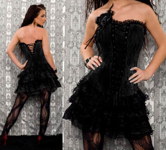 Black Criss-Cross Front Corset With Black Lace Skirt and Lace Trimming